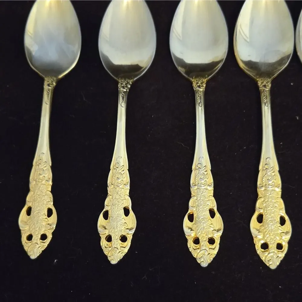 Vintage Azuma Japan Gold Plated Stainless Demitasse Spoons Set of 8 Ornate Baroq